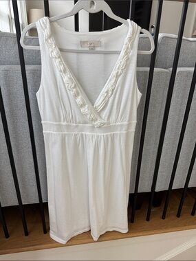 LOFT White V-Neck Ruffle Trim Sleeveless Dress